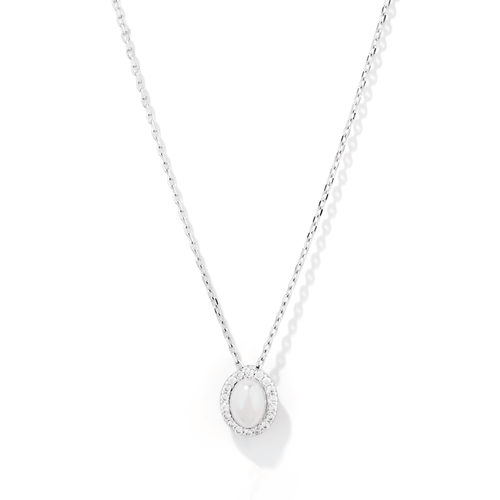 45cm Synthetic Pearl and Cubic Zirconia Halo Oval Pendant Necklace in Sterling Silver Pendants Bevilles 