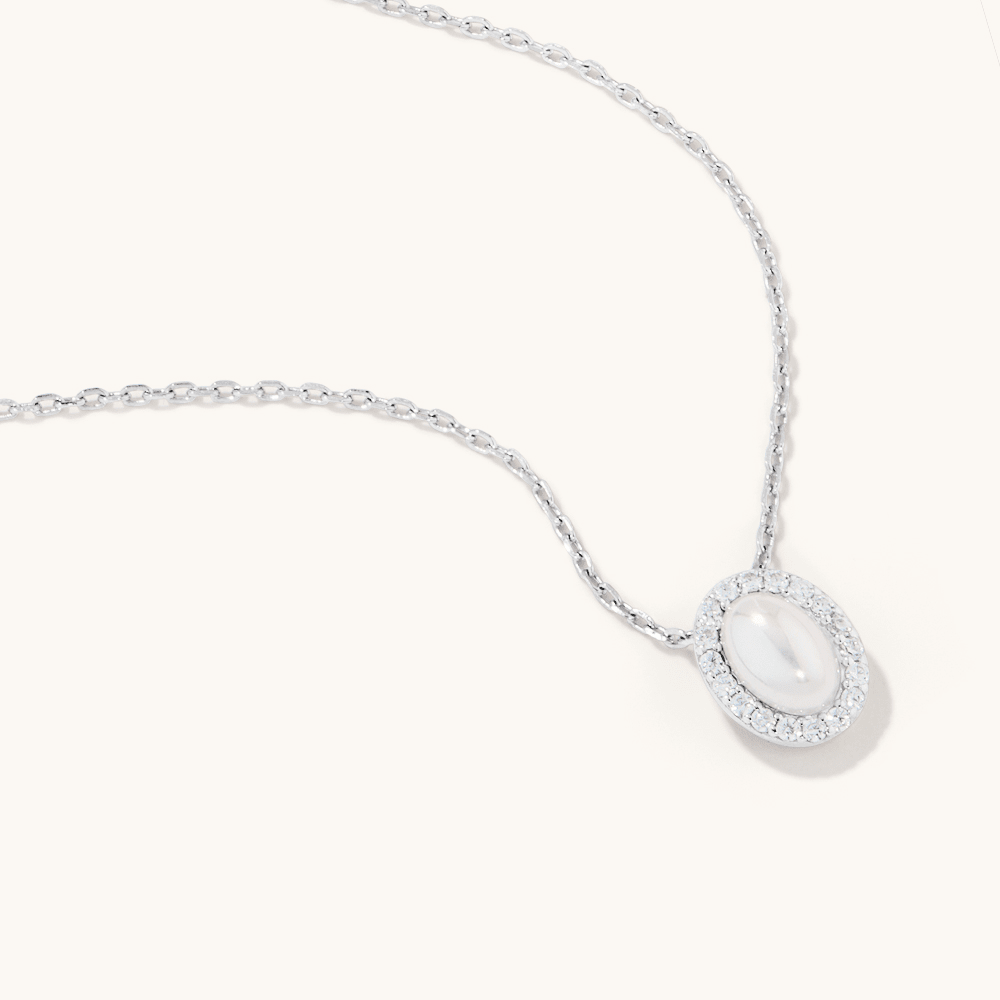 45cm Synthetic Pearl and Cubic Zirconia Halo Oval Pendant Necklace in Sterling Silver Pendants Bevilles 