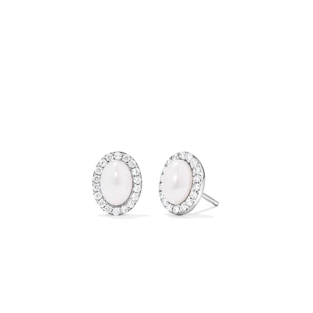 10mm Synthetic Pearl and Cubic Zirconia Halo Oval Stud Earrings in Sterling Silver Earrings Bevilles 