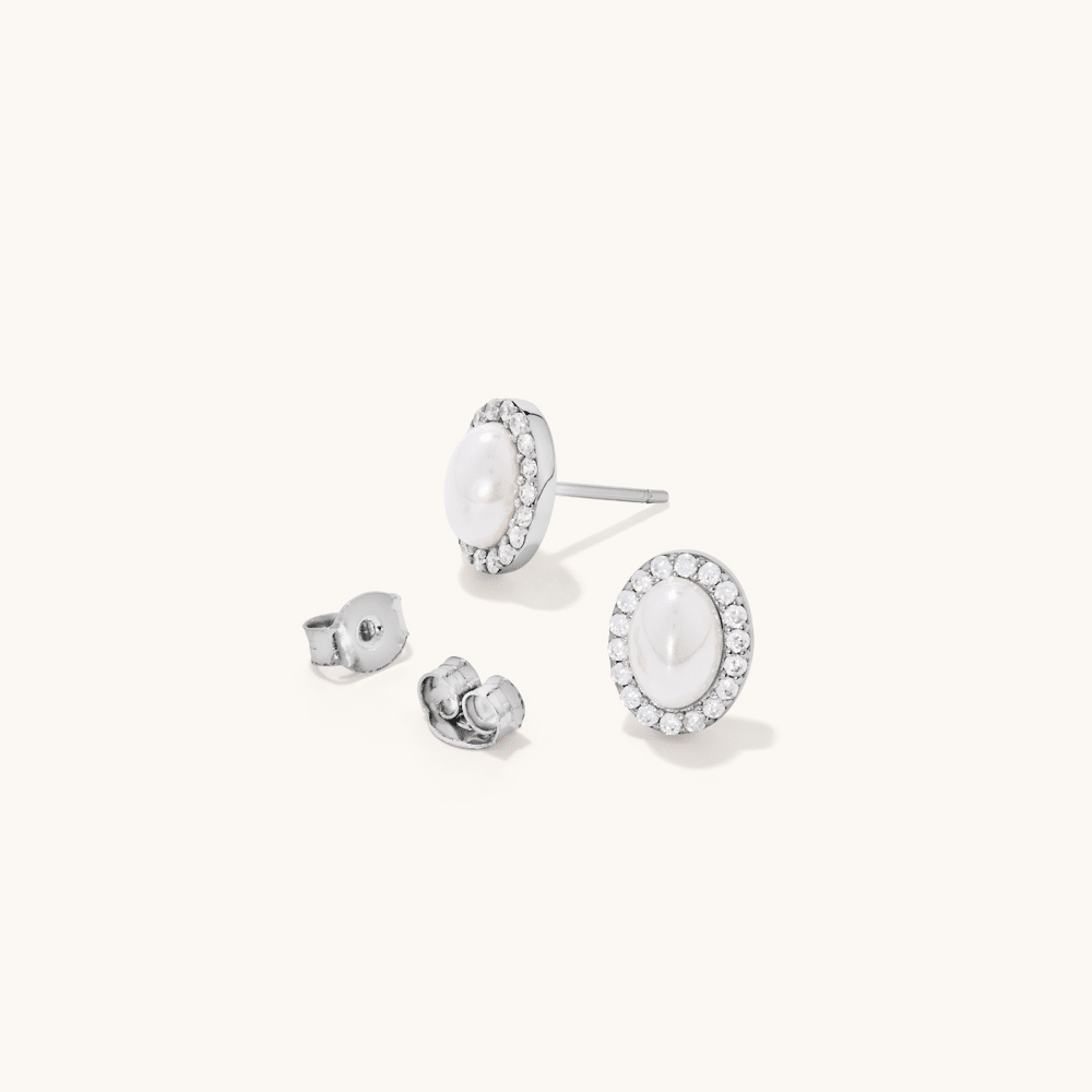 10mm Synthetic Pearl and Cubic Zirconia Halo Oval Stud Earrings in Sterling Silver Earrings Bevilles 