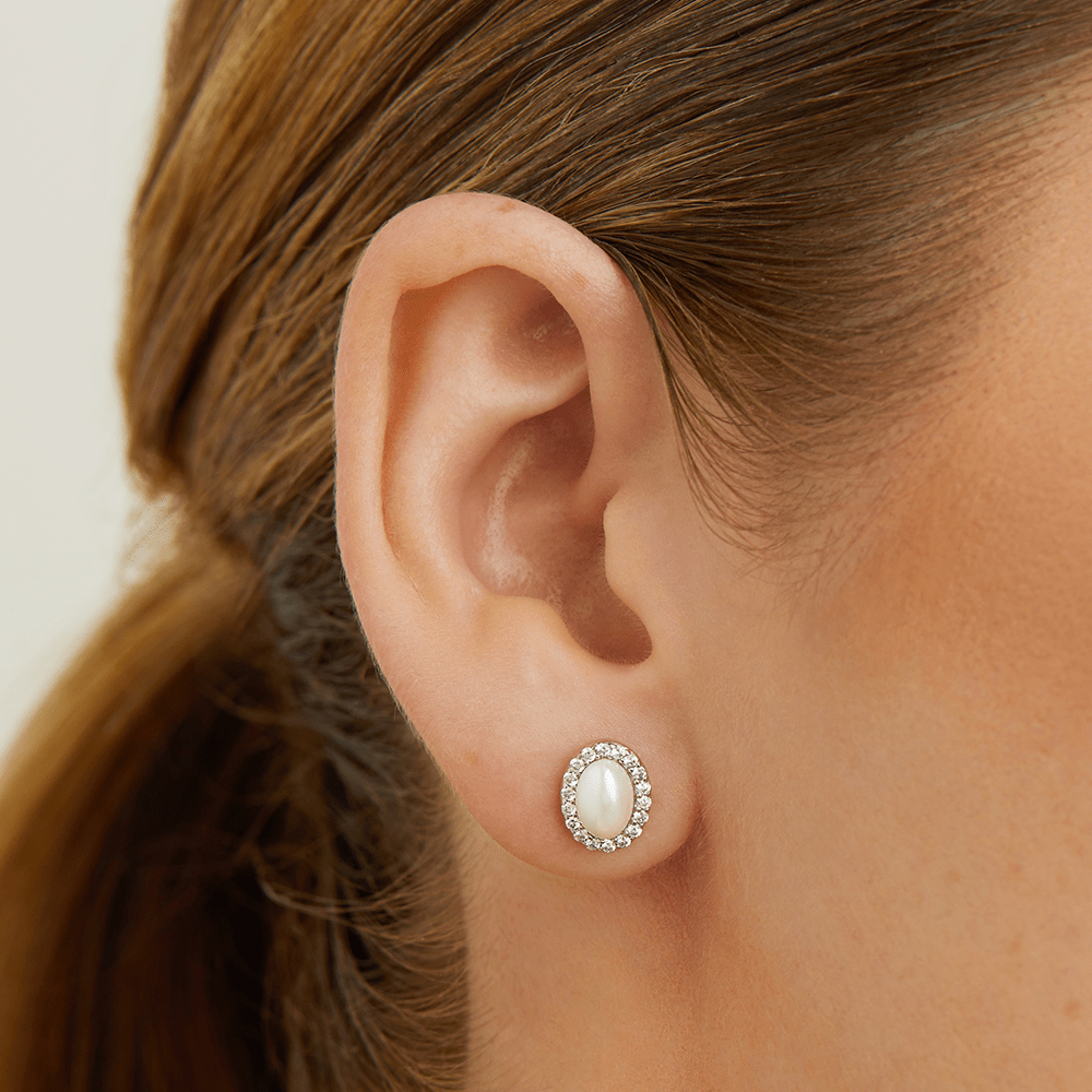 10mm Synthetic Pearl and Cubic Zirconia Halo Oval Stud Earrings in Sterling Silver Earrings Bevilles 