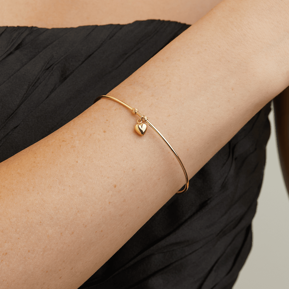 60mm Heart Charm Bangle in 9kt Yellow Bonded Gold Bangles Bevilles 