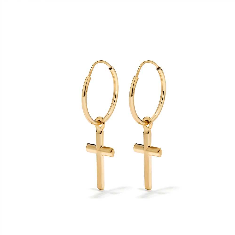 Cross Charm Hoops in 9kt Bonded Gold Silver Filled Earrings Bevilles 