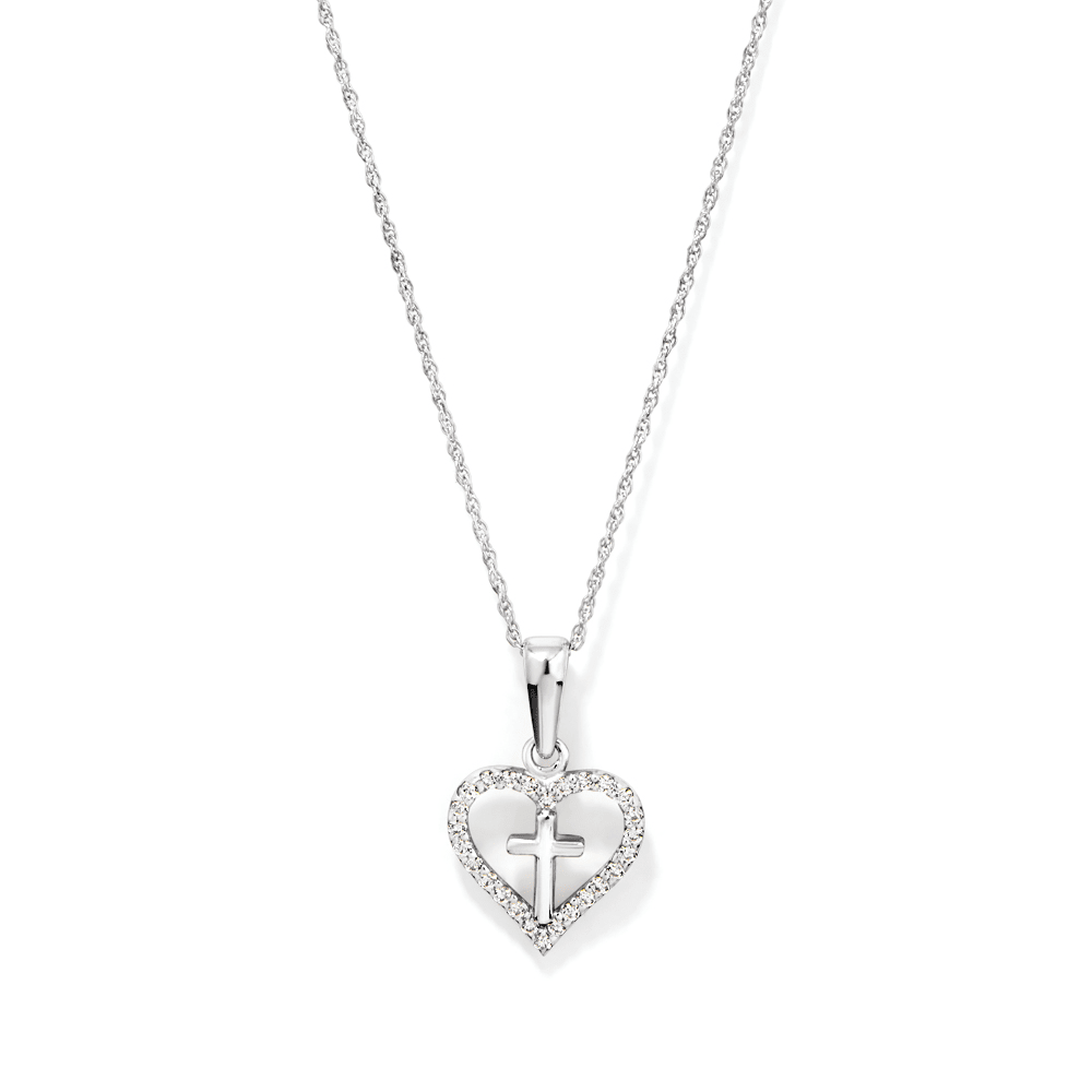 45cm Cross In Cubic Zirconia Heart Necklace in Sterling Silver Pendants Bevilles 