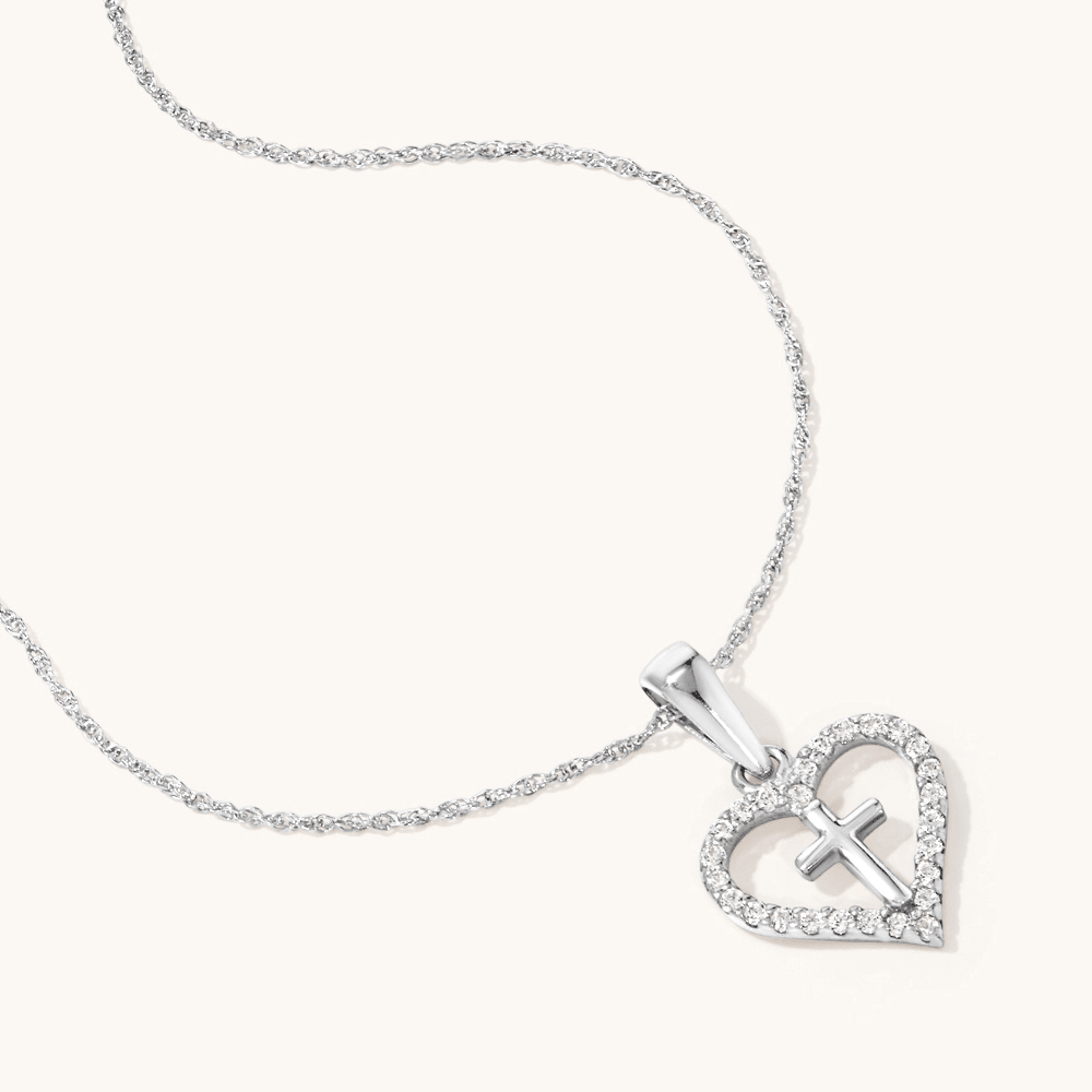 45cm Cross In Cubic Zirconia Heart Necklace in Sterling Silver Pendants Bevilles 