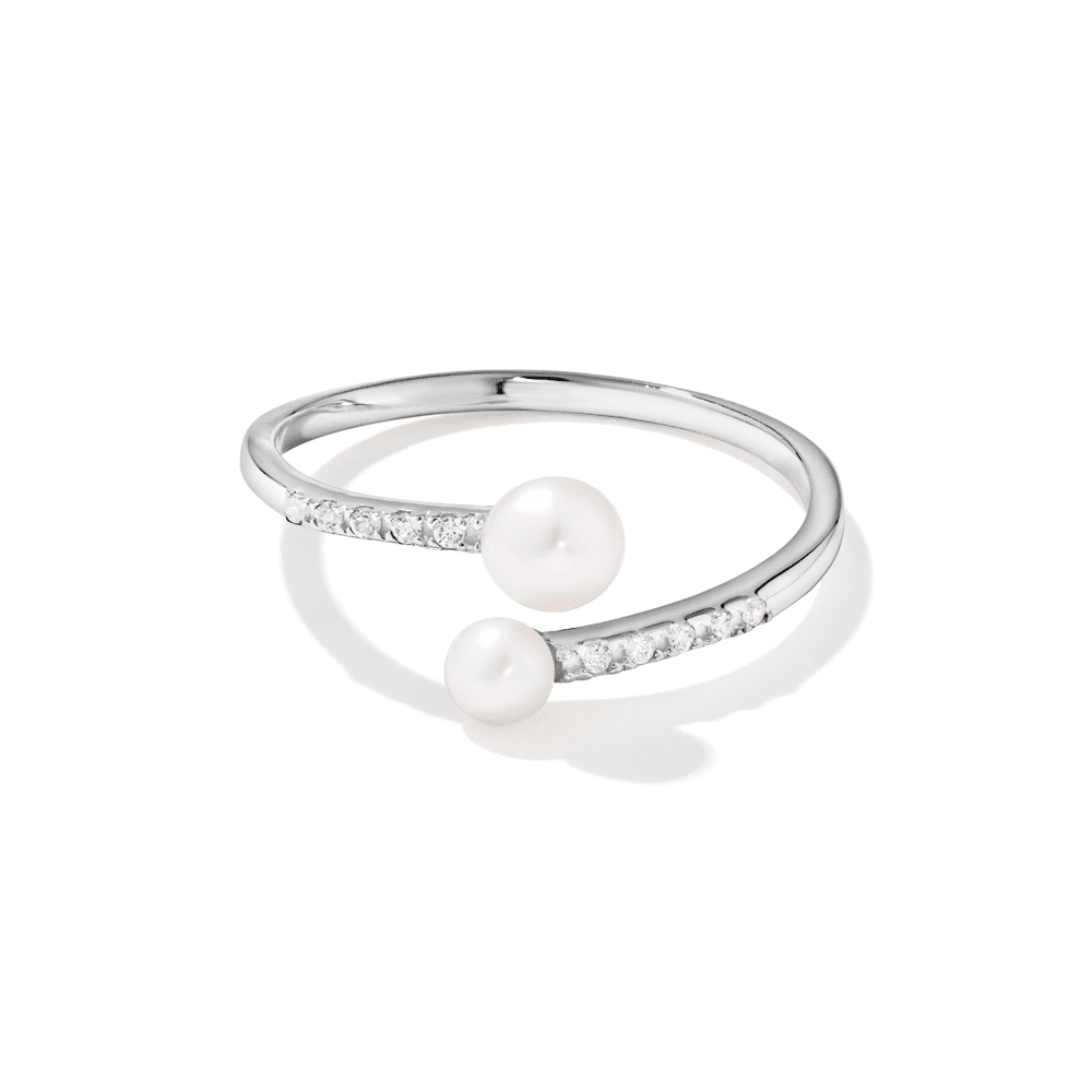 Synthetic Pearl and Cubic Zirconia Bypass Ring in Sterling Silver Rings Bevilles 