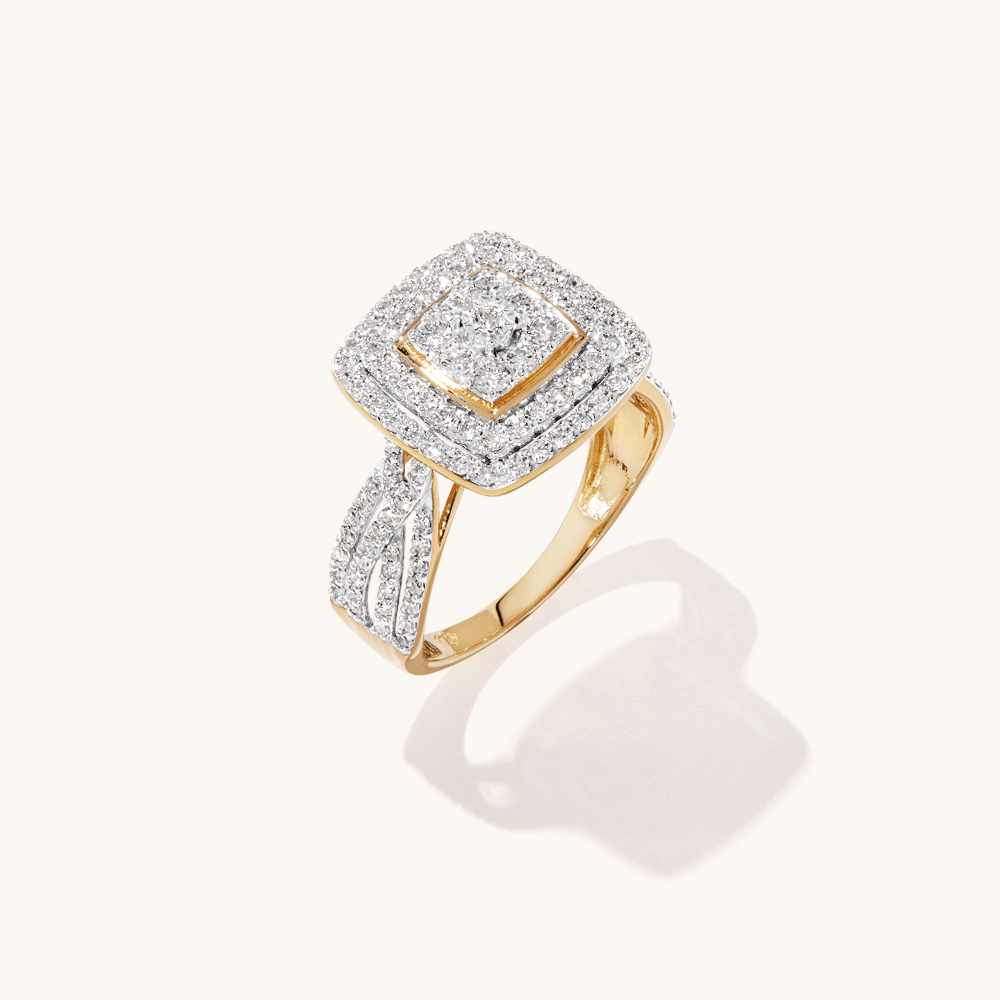 Cushion Shape Cluster Ring with 1.00tw of Laboratory-Grown Diamonds in 9kt Yellow Gold Rings Bevilles 