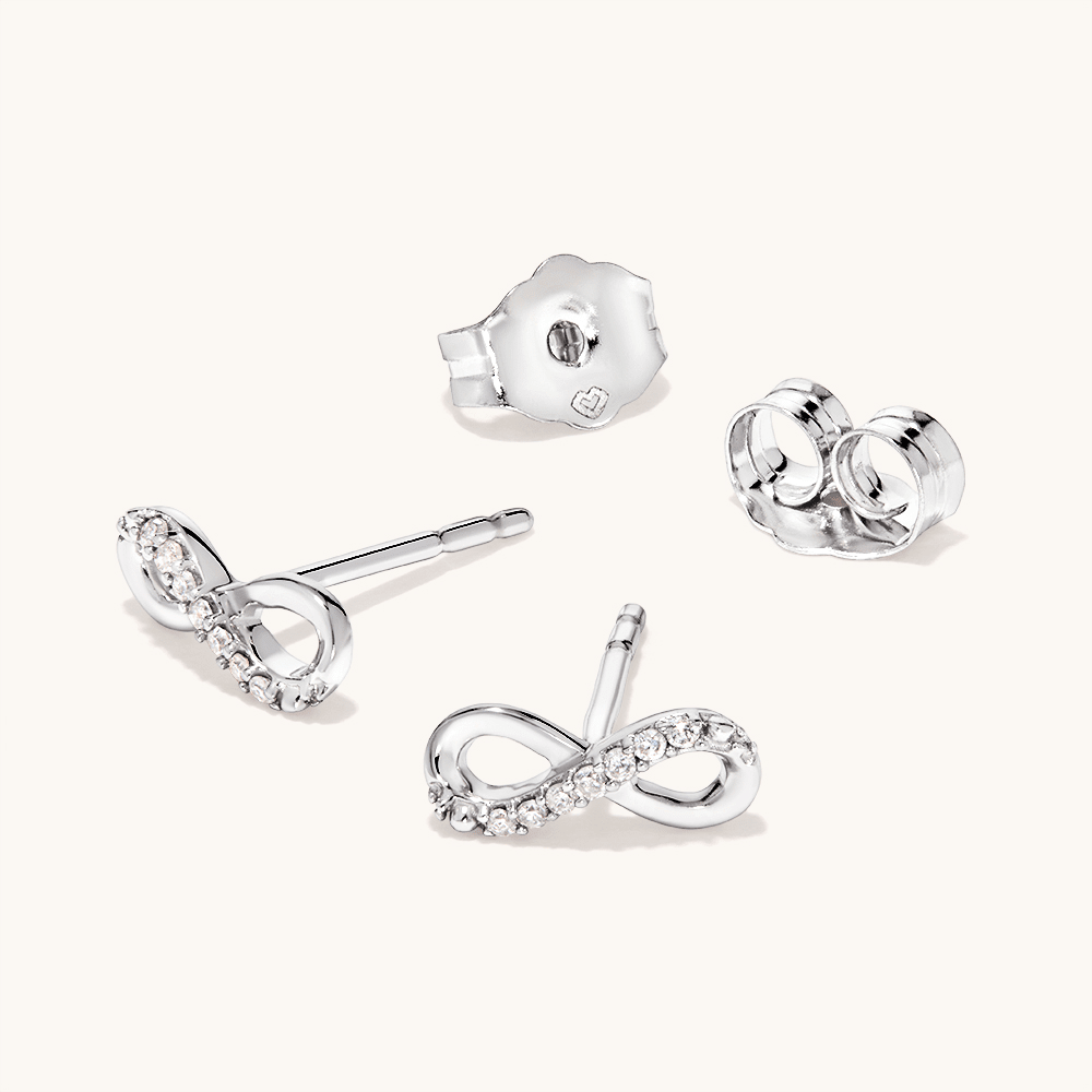 Infinity Diamond Set Stud Earrings in Rhodium Plated Sterling Silver Earrings Bevilles 