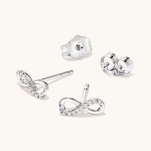 Infinity Diamond Set Stud Earrings in Rhodium Plated Sterling Silver Earrings Bevilles 