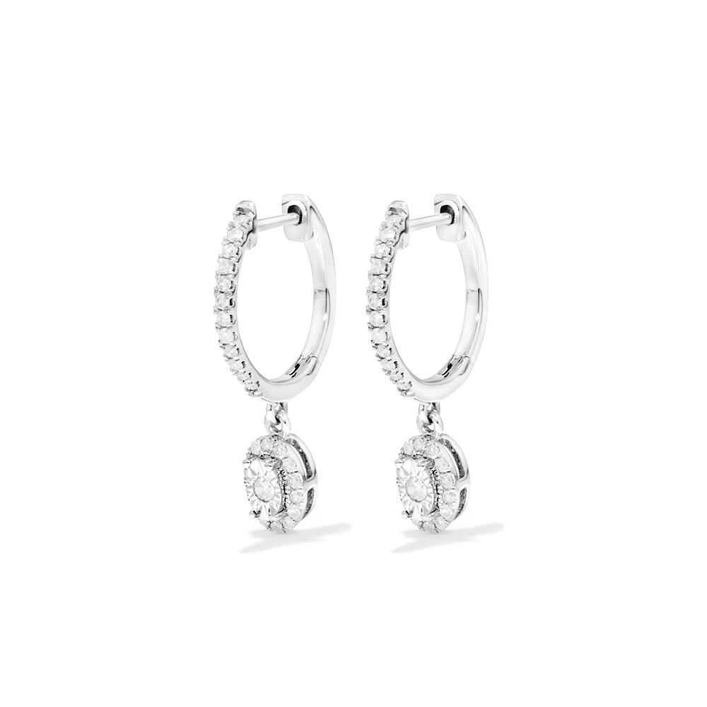 Oval Halo Drop Hoop Earrings with 0.20tw of Diamonds in Sterling Silver Earrings Bevilles 