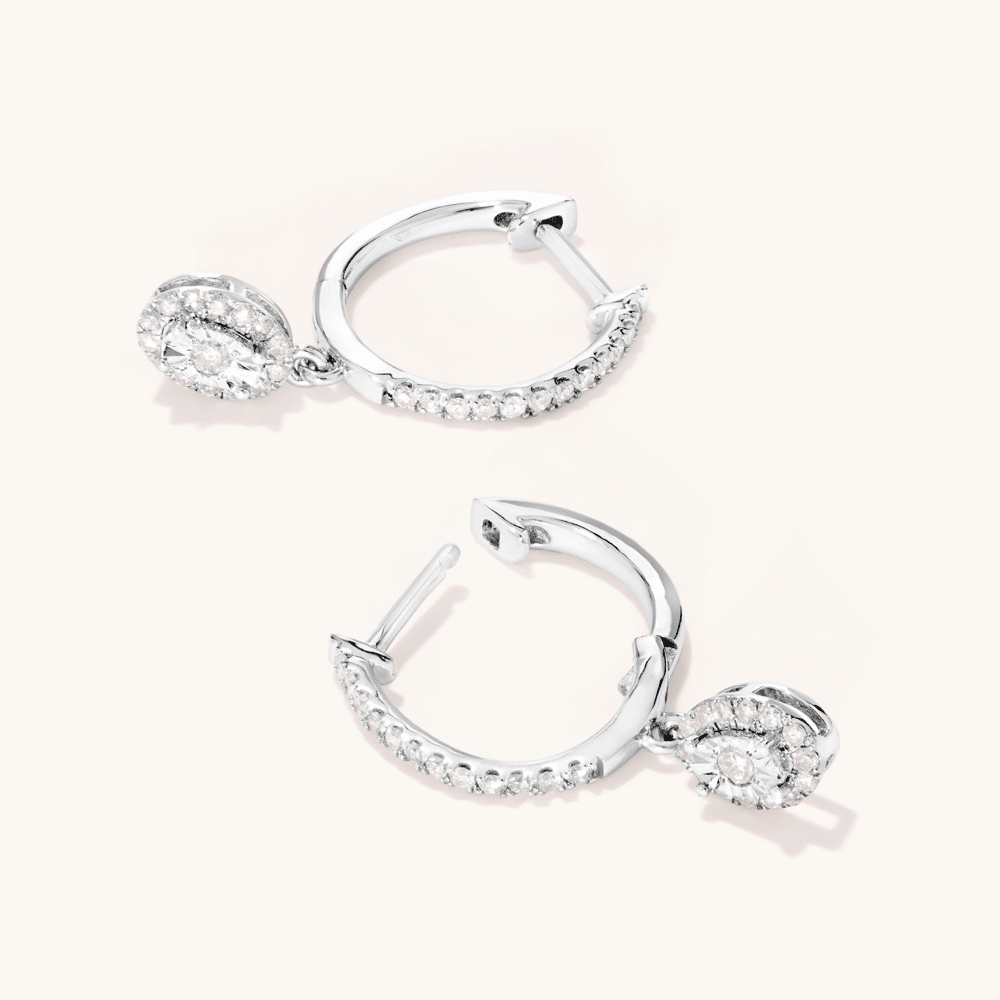 Oval Halo Drop Hoop Earrings with 0.20tw of Diamonds in Sterling Silver Earrings Bevilles 