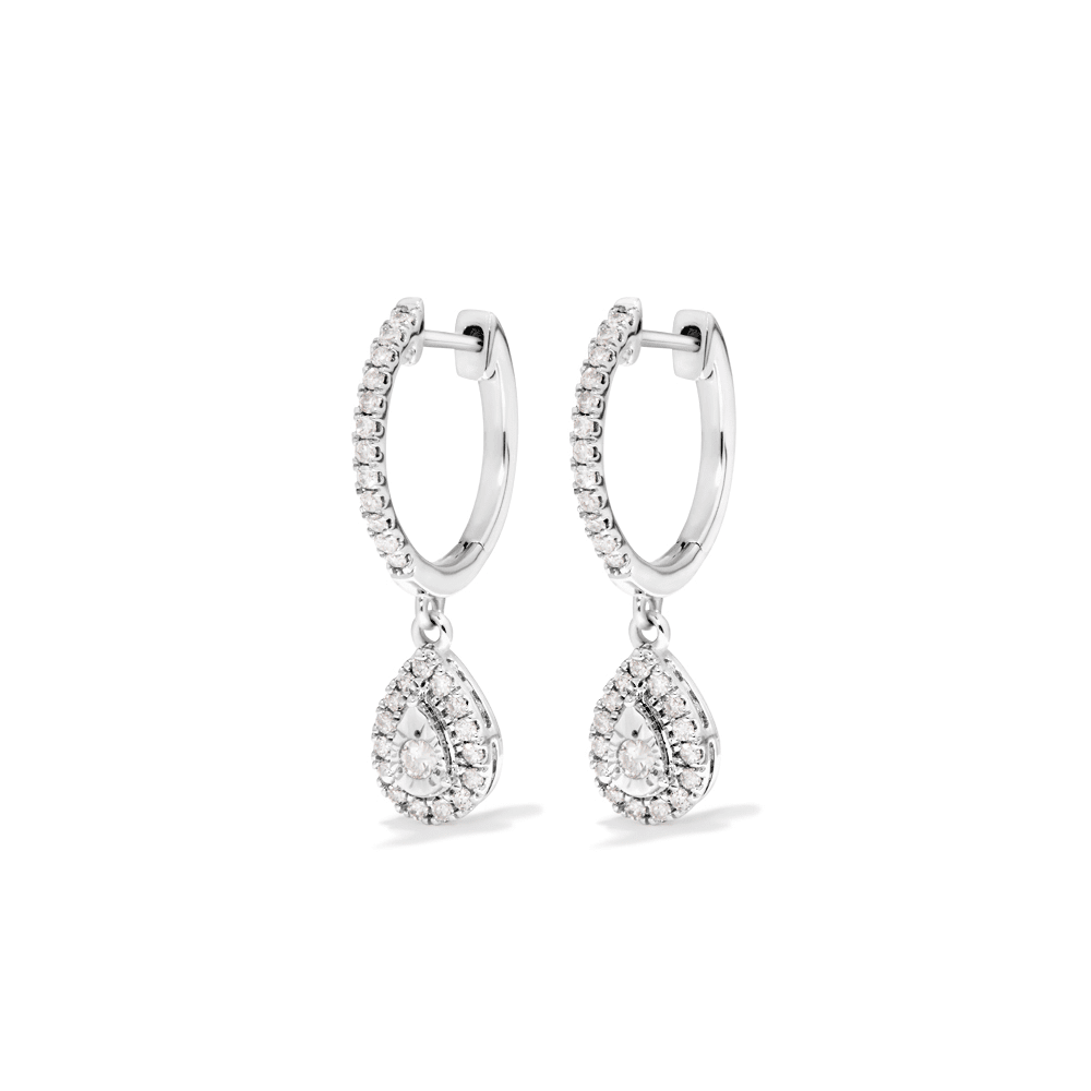 Pear Halo Drop Hoop Earrings with 0.25tw of Diamonds in Sterling Silver Earrings Bevilles 