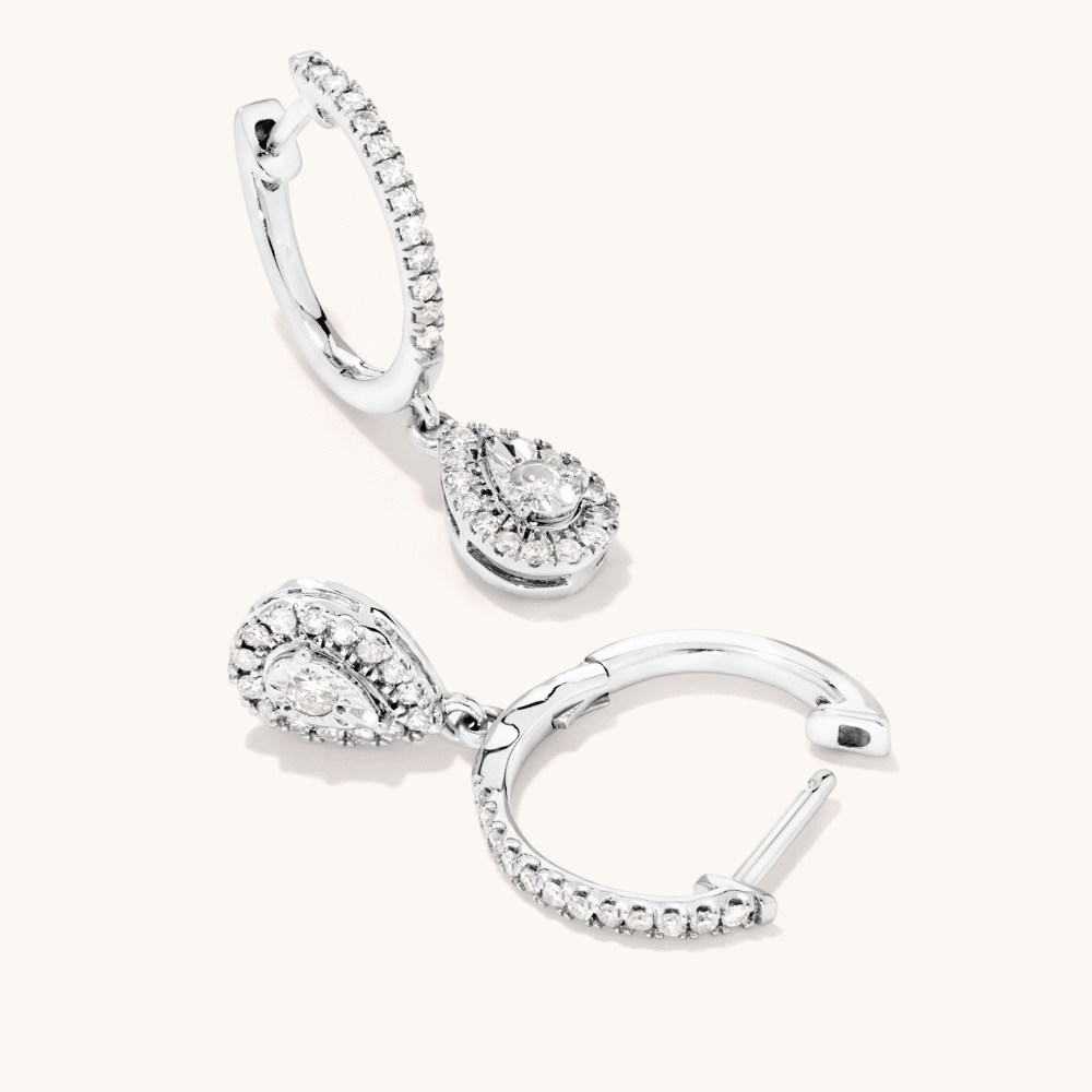 Pear Halo Drop Hoop Earrings with 0.25tw of Diamonds in Sterling Silver Earrings Bevilles 