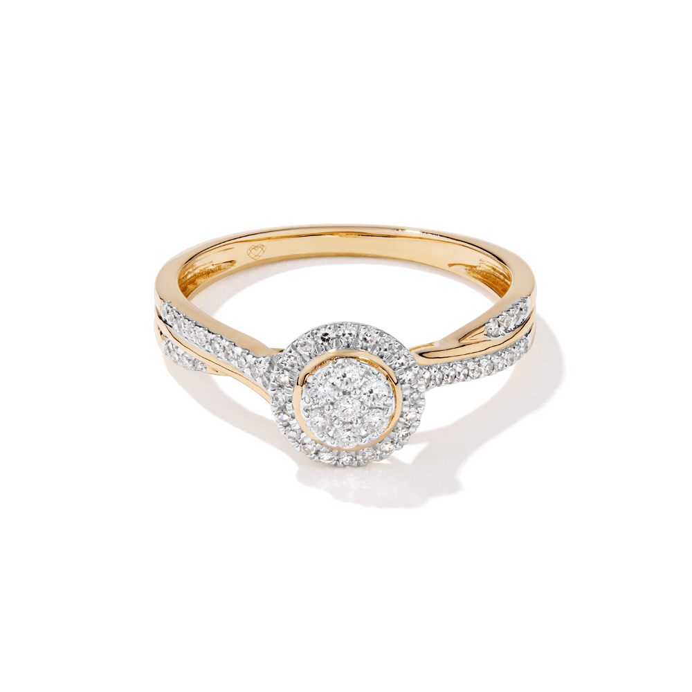 Round Halo Cluster Twist Shoulder Ring with 0.25tw of Laboratory-Grown Diamonds in 9kt Yellow Gold Rings Bevilles 