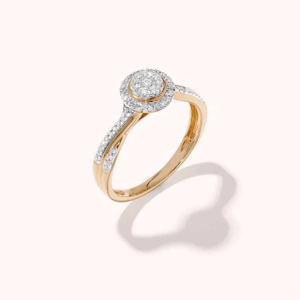 Round Halo Cluster Twist Shoulder Ring with 0.25tw of Laboratory-Grown Diamonds in 9kt Yellow Gold Rings Bevilles 