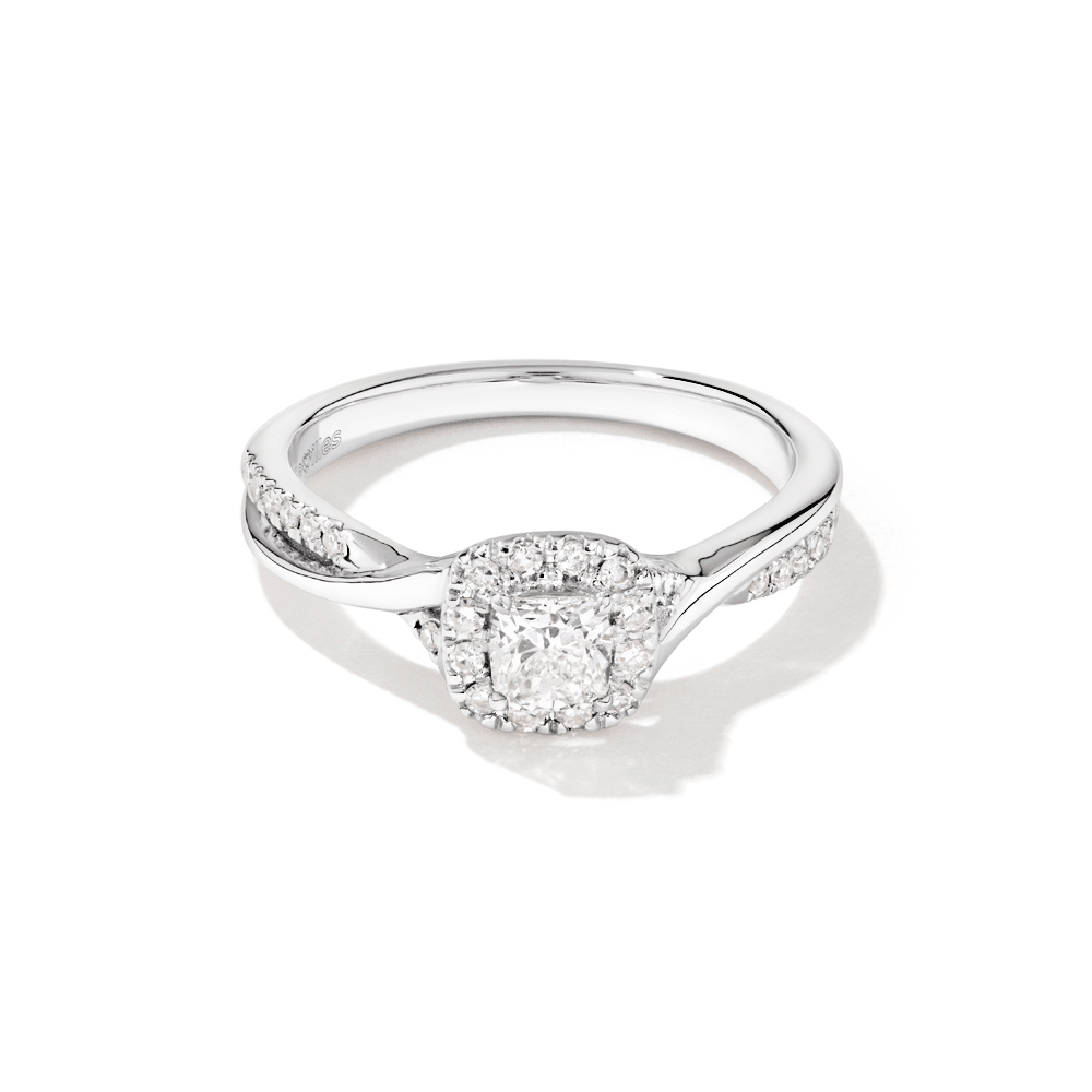 Cushion Shape Halo Twist Shoulder Ring with 0.50tw of Laboratory-Grown Diamonds in Sterling Silver Rings Bevilles 