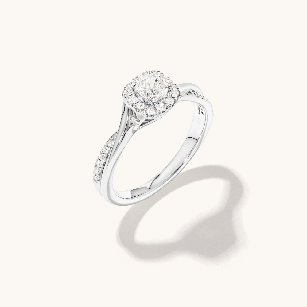 Cushion Shape Halo Twist Shoulder Ring with 0.50tw of Laboratory-Grown Diamonds in Sterling Silver Rings Bevilles 