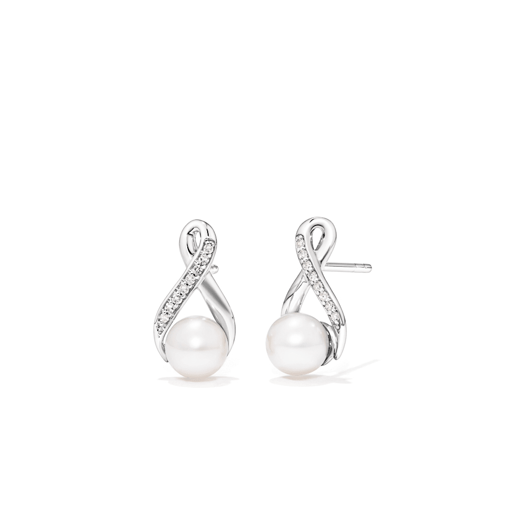 Cultured Freshwater Pearl Stud Earrings with 0.05tw Laboratory-Grown Diamonds in Sterling Silver and Platinum Earrings Bevilles 