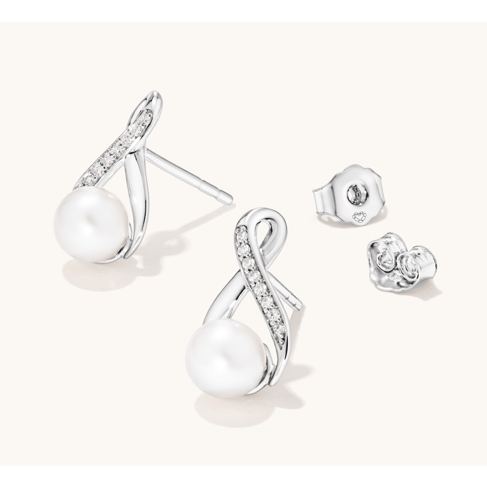 Cultured Freshwater Pearl Stud Earrings with 0.05tw Laboratory-Grown Diamonds in Sterling Silver and Platinum Earrings Bevilles 