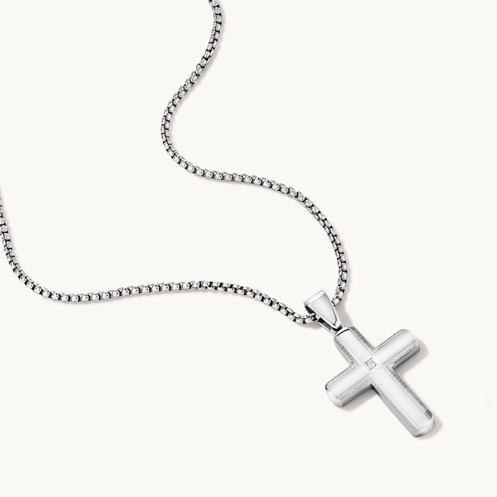 55cm Cross Necklace with Cubic Zirconia in Stainless Steel Pendants Bevilles 