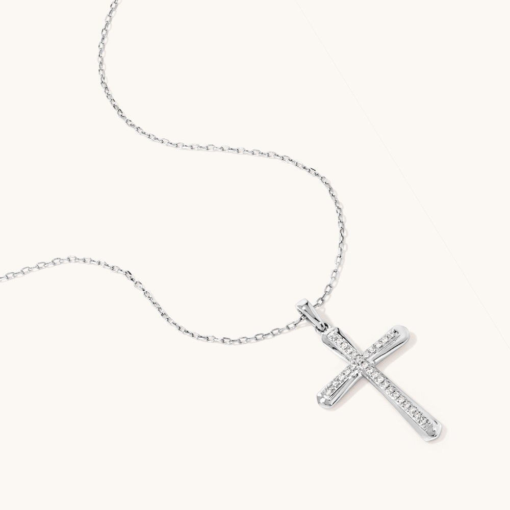 45cm Channel Cross Pendant Necklace with 0.10tw of Laboratory-Grown Diamonds in Sterling Silver and Platinum Pendants Bevilles 