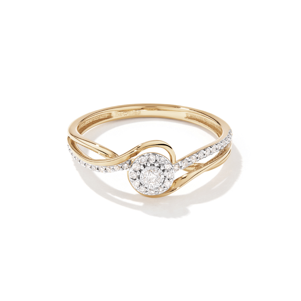 Claw Set Swirl Halo Ring with 0.13tw of Diamonds in 9kt Yellow Gold Rings Bevilles 