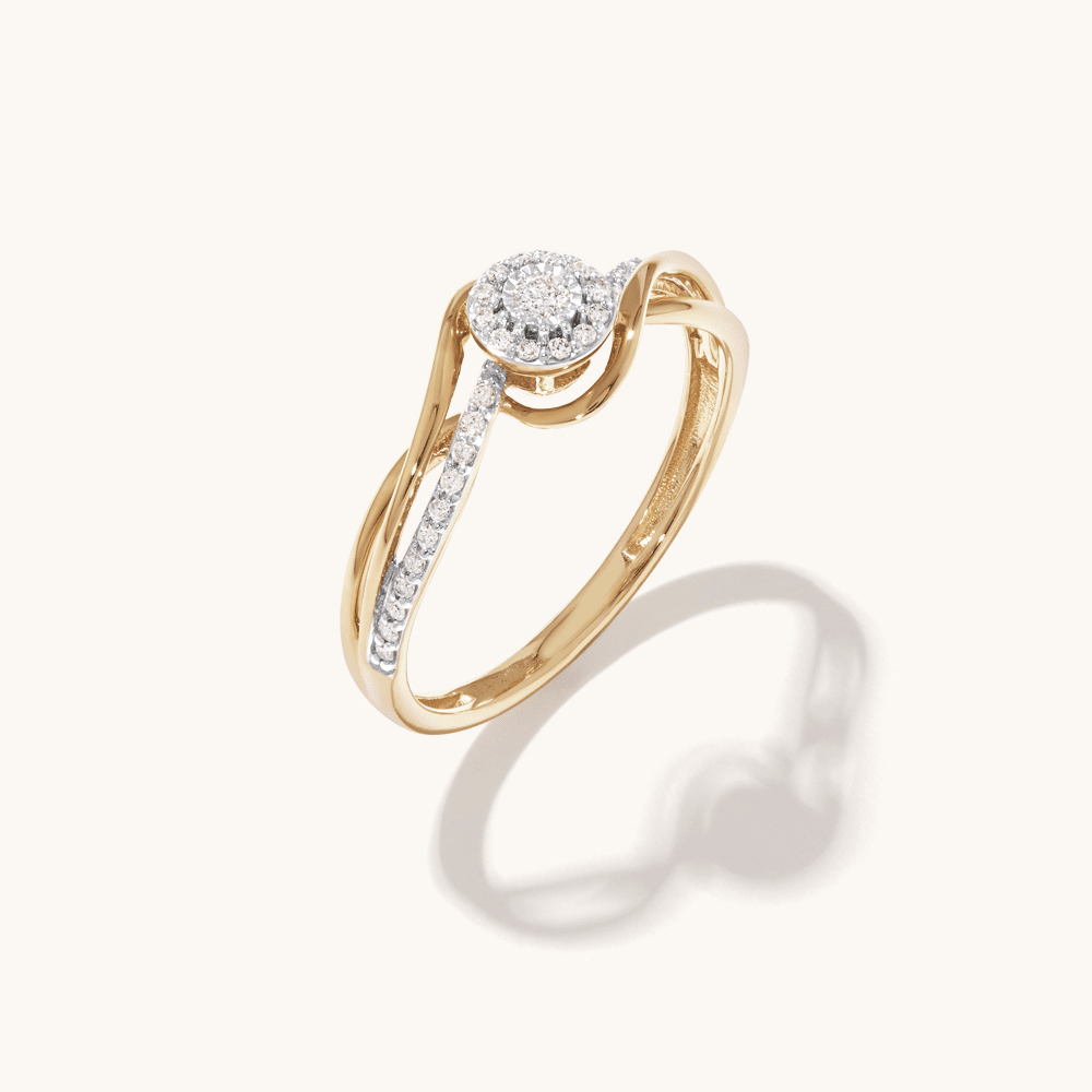 Claw Set Swirl Halo Ring with 0.13tw of Diamonds in 9kt Yellow Gold Rings Bevilles 