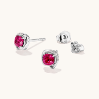 Fancy Halo Laboratory-Grown Diamond Set Stud Earrings with Created Ruby in Sterling Silver and Platinum Earrings Bevilles 