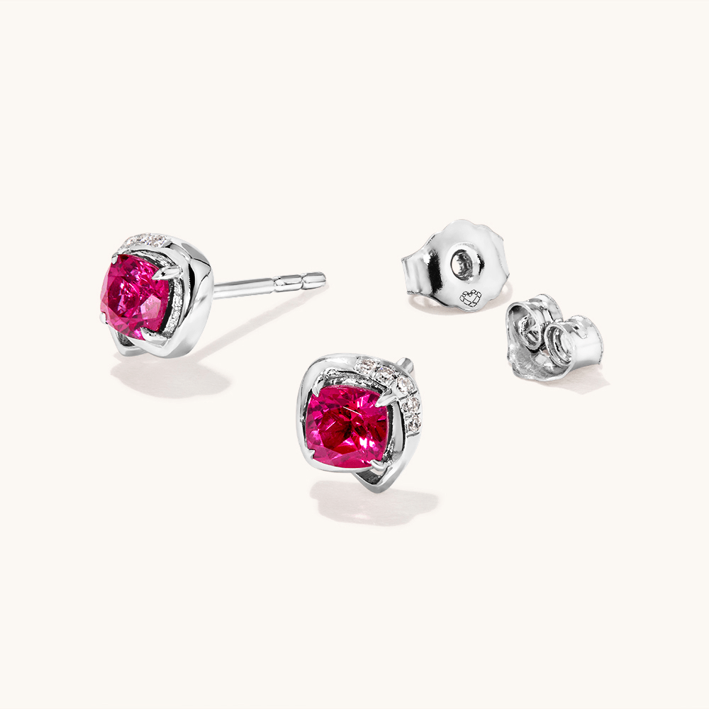 Fancy Halo Laboratory-Grown Diamond Set Stud Earrings with Created Ruby in Sterling Silver and Platinum Earrings Bevilles 
