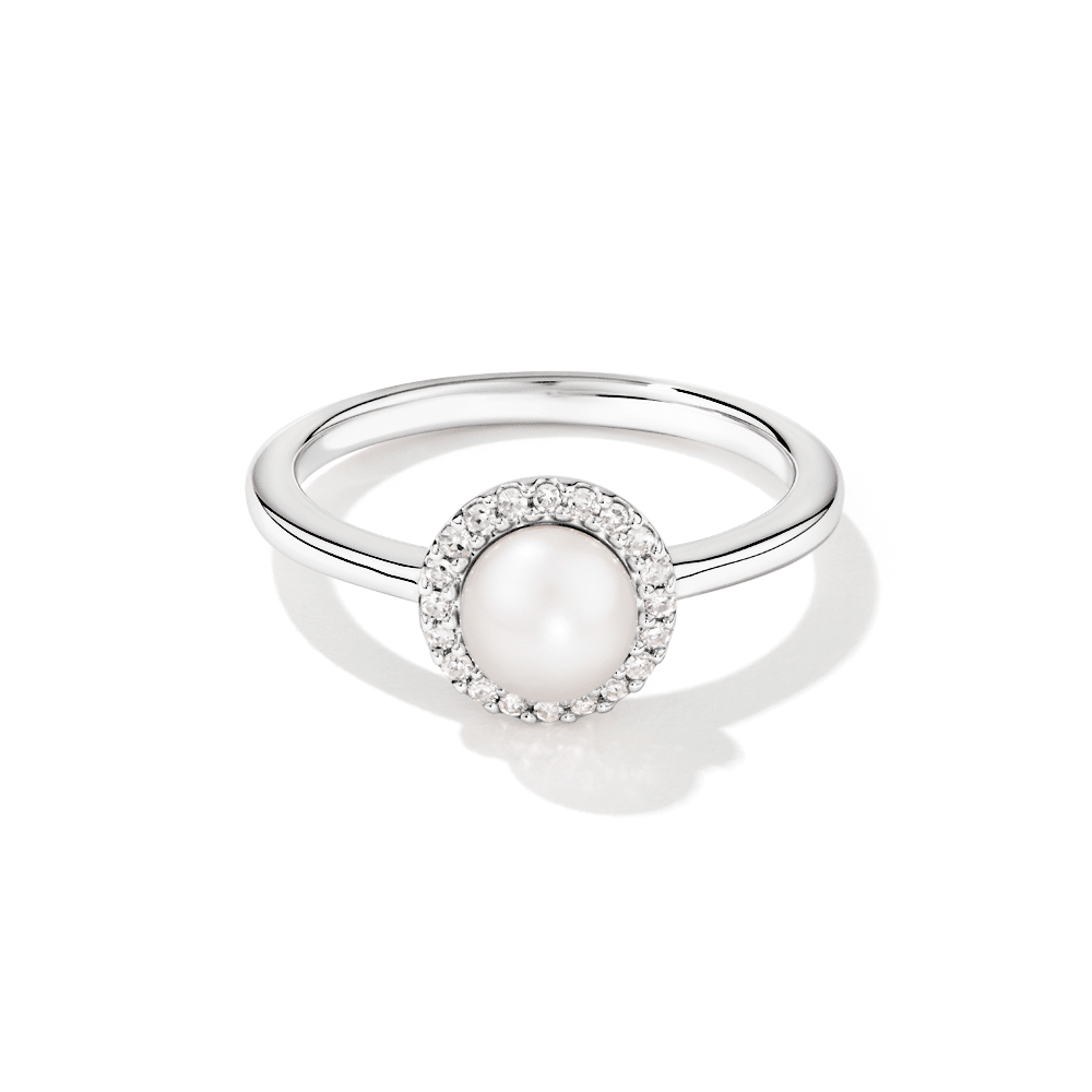 Cultured Freshwater Pearl Ring with 0.07tw of Laboratory-Grown Diamonds in Sterling Silver with Platinum Finish Rings Bevilles 