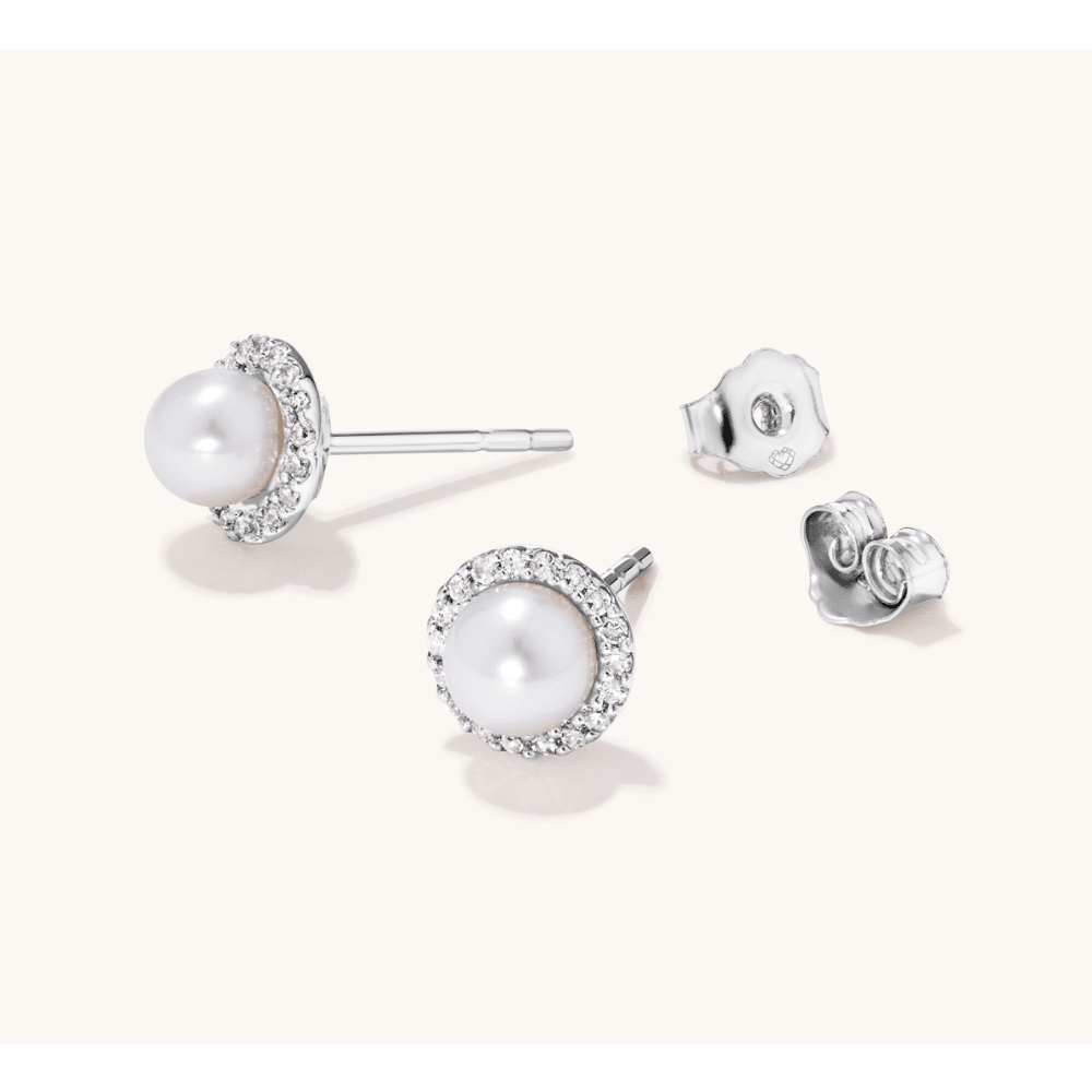 Cultured Freshwater Pearl Stud Earrings with 0.25tw of Laboratory-Grown Diamonds in Sterling Silver and Platinum Earrings Bevilles 