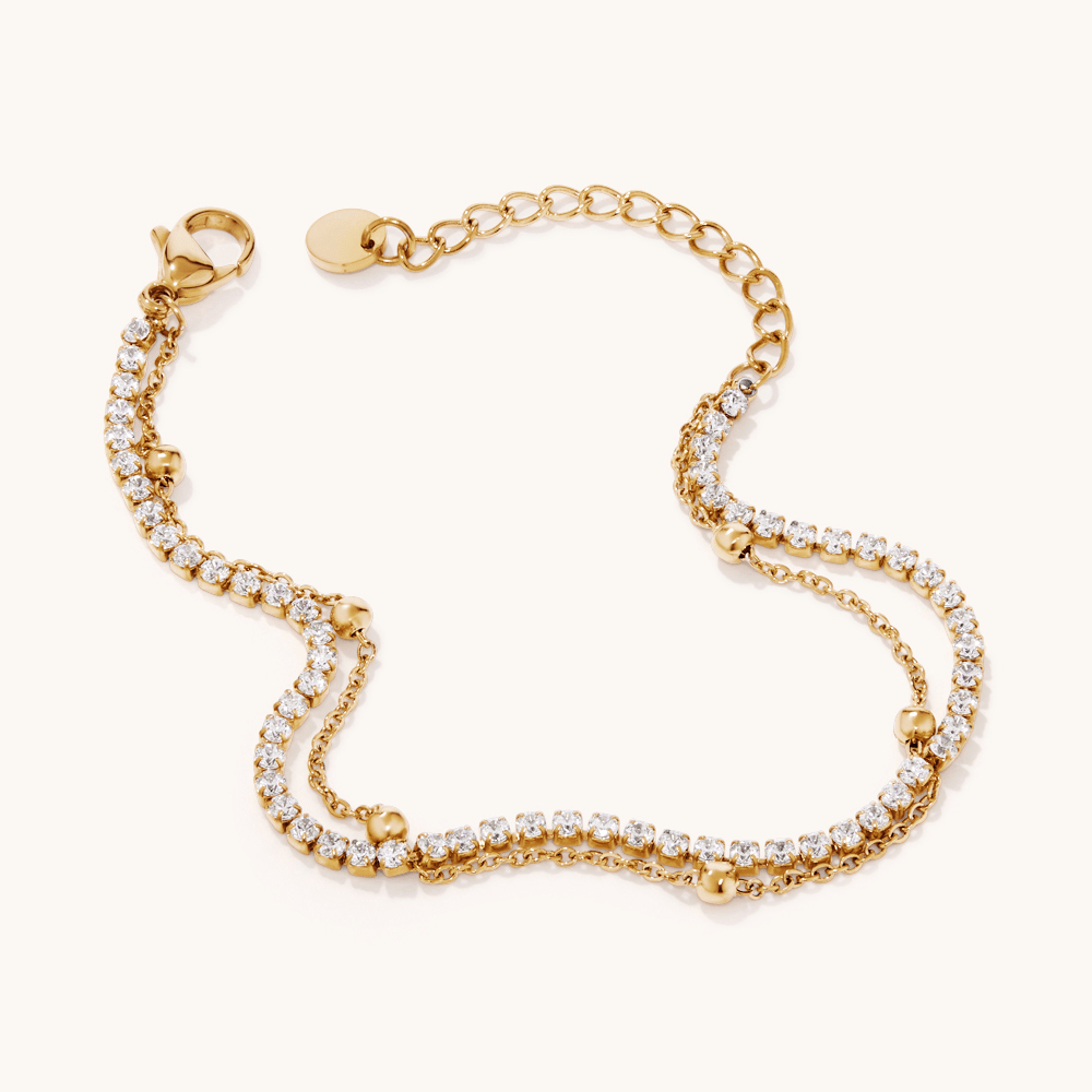 17cm Layered Cubic Zirconia Tennis and Station Ball Braclet in Waterproof PVD Stainless Steel Bracelets Bevilles 