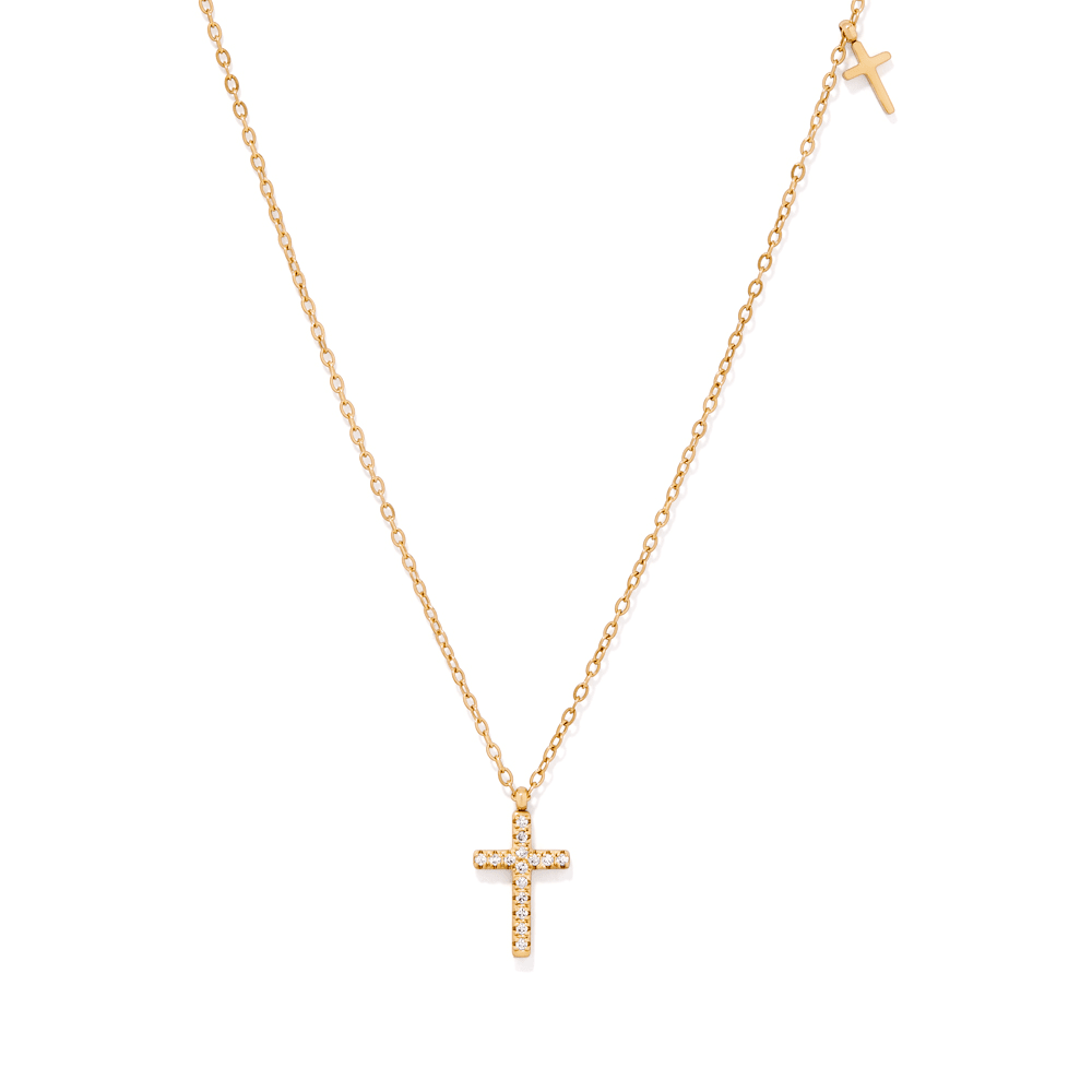 45cm Cubic Zirconia Cross Charm Necklace in PVD Stainless Steel Pendants Bevilles 