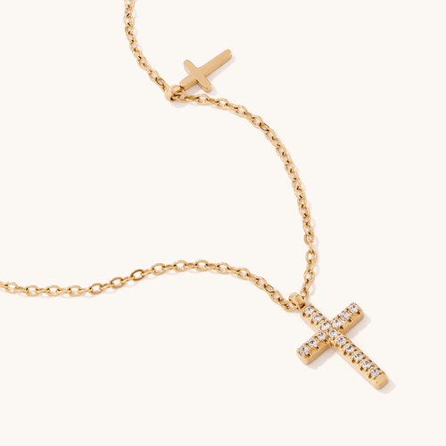 45cm Cubic Zirconia Cross Charm Necklace in Waterproof PVD Stainless Steel Pendants Bevilles 