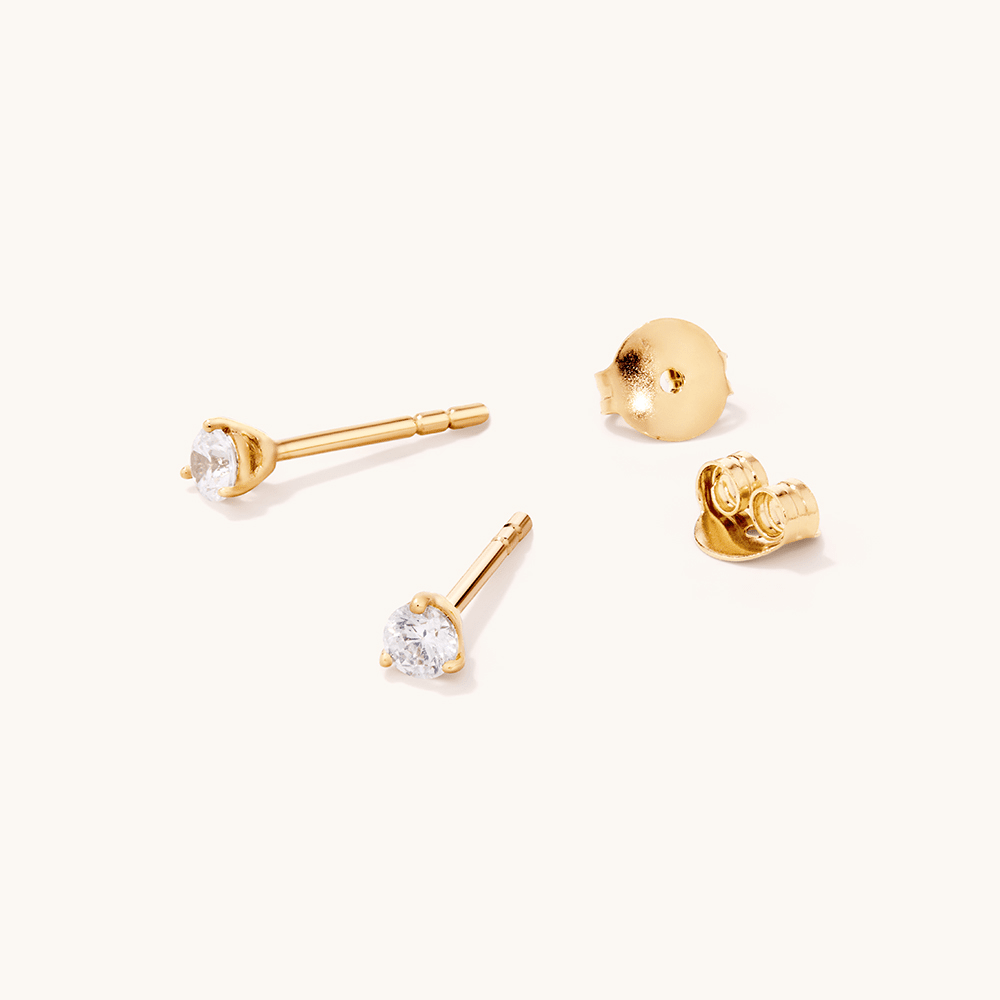 3mm Cubic Zirconia Studs in 18kt Fine Gold Plated Sterling Silver Earrings Bevilles 