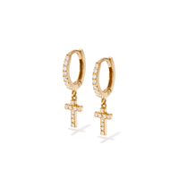 Cubic Zirconia Cross Drop Huggie Earrings in 18kt Gold Plated Sterling Silver Earrings Bevilles 