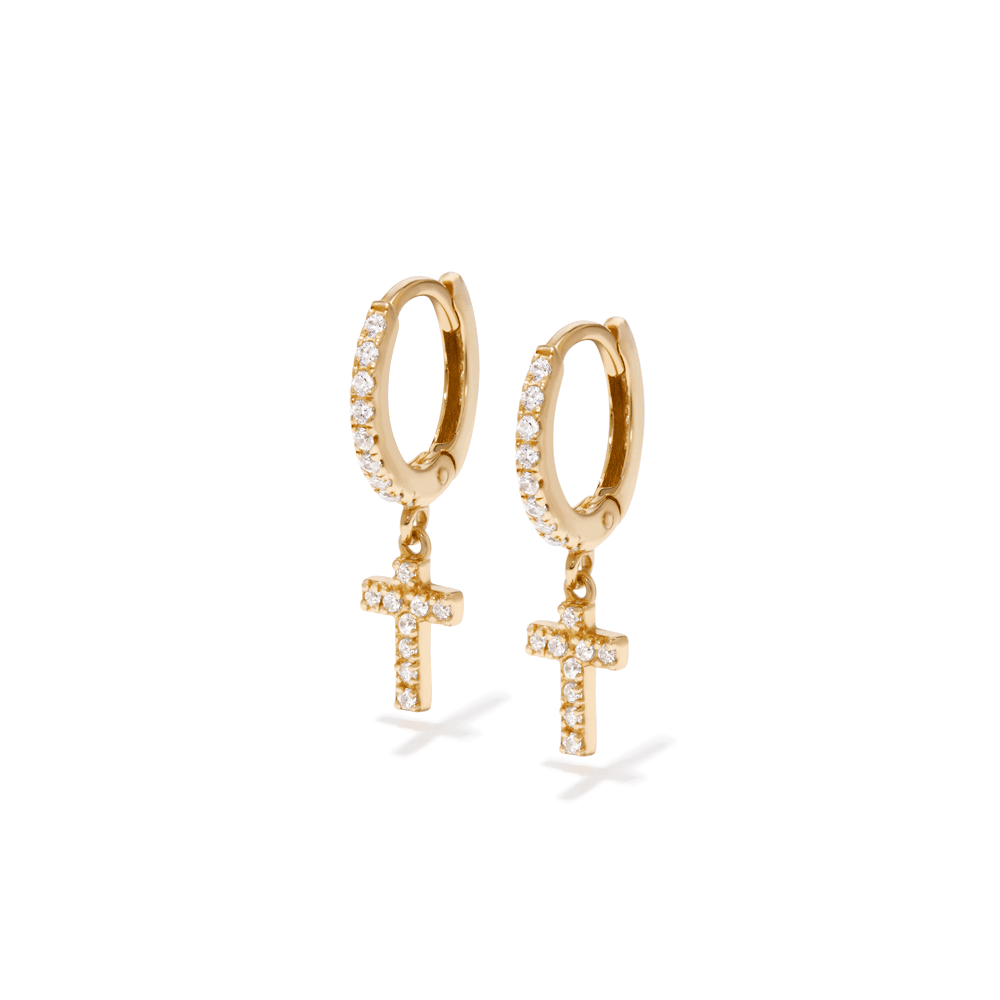 Cubic Zirconia Cross Drop Huggie Earrings in 18kt Gold Plated Sterling Silver Earrings Bevilles 