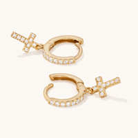 Cubic Zirconia Cross Drop Huggie Earrings in 18kt Gold Plated Sterling Silver Earrings Bevilles 