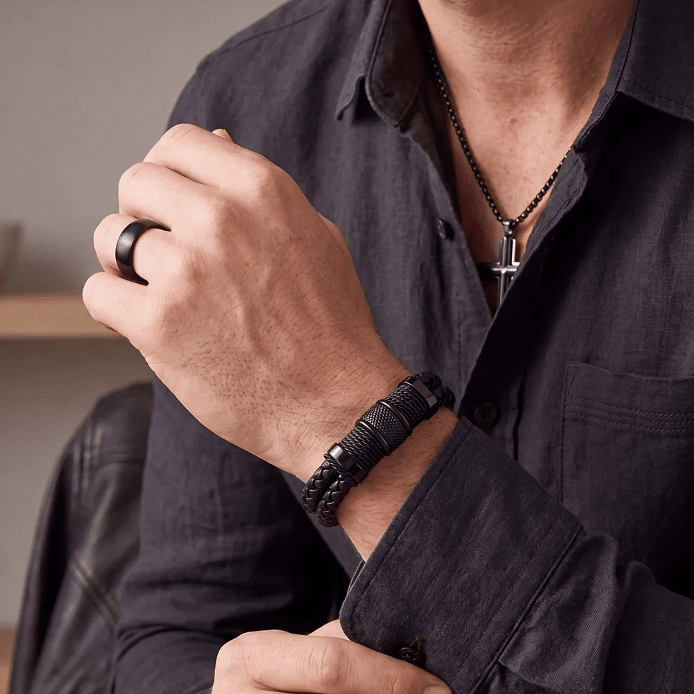 21cm Rope Leather Bracelet in Stainless Steel Bracelets Bevilles 