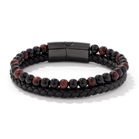 21cm Bead and Leather Bracelet in Stainless Steel Bracelets Bevilles 