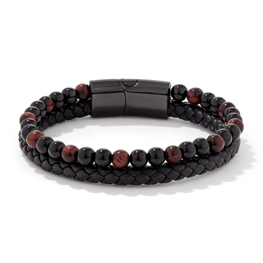 21cm Bead and Leather Bracelet in Stainless Steel Bracelets Bevilles 