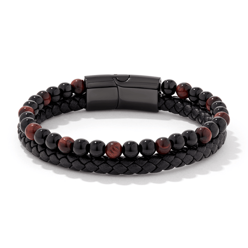 21cm Bead and Leather Bracelet in Stainless Steel Bracelets Bevilles 