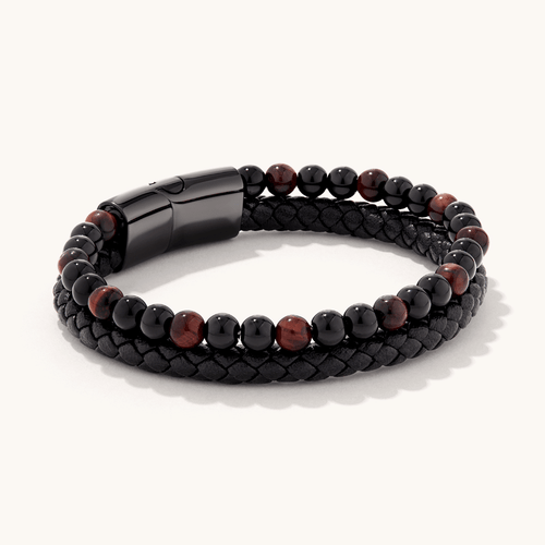 21cm Bead and Leather Bracelet in Stainless Steel Bracelets Bevilles 