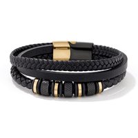 21cm Leather Beaded Bracelet in PVD Coated Stainless Steel Bracelets Bevilles 