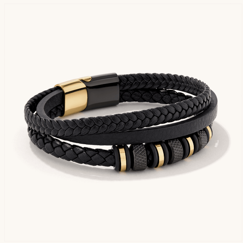 21cm Leather Beaded Bracelet in PVD Coated Stainless Steel Bracelets Bevilles 