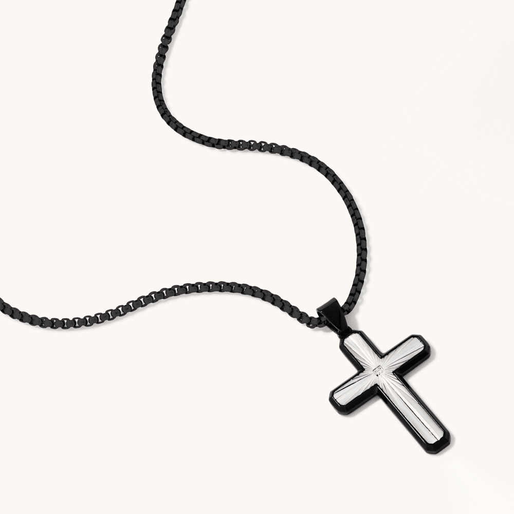 60cm Sunburst Cross with Cubic Zirconia Accent in Stainless Steel Pendants Bevilles 