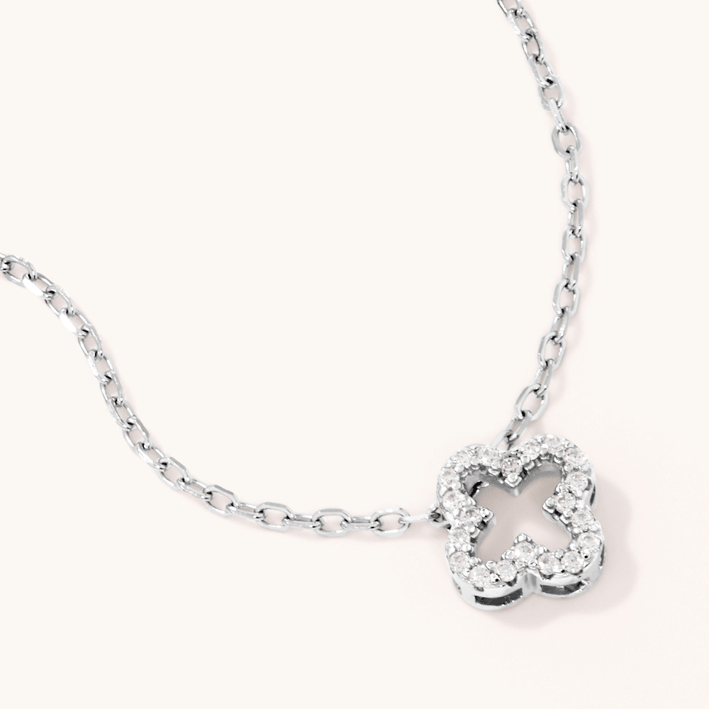 45cm Cubic Zirconia Pave Clover with Bezel Stations Necklace in Sterling Silver Pendants Bevilles 