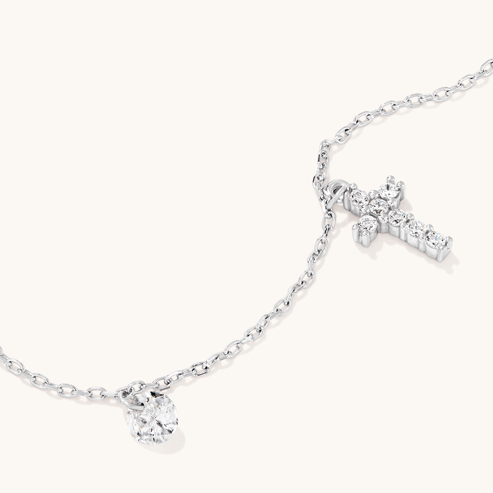 Cubic Zirconia Cross and Charm Anklet in Sterling Silver Bevilles 