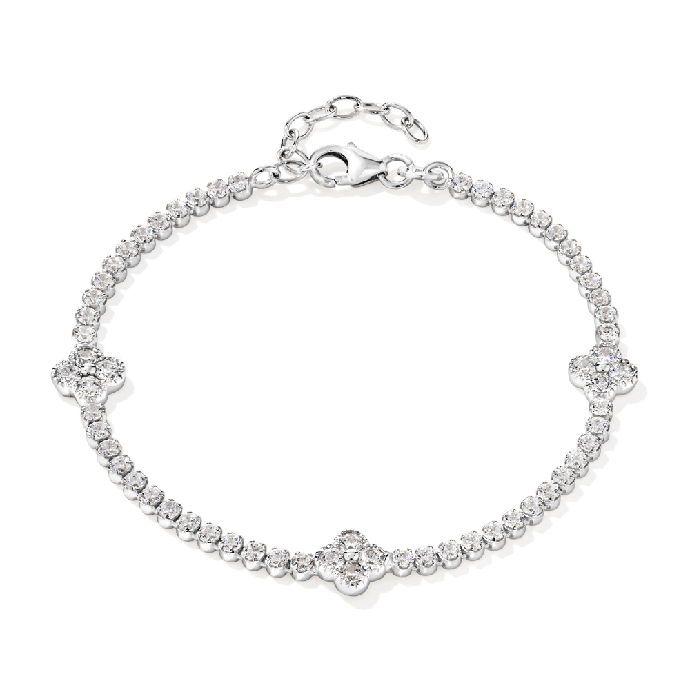 19cm Cubic Zirconia Clover Station Tennis Bracelet in Sterling Silver Bracelets Bevilles 