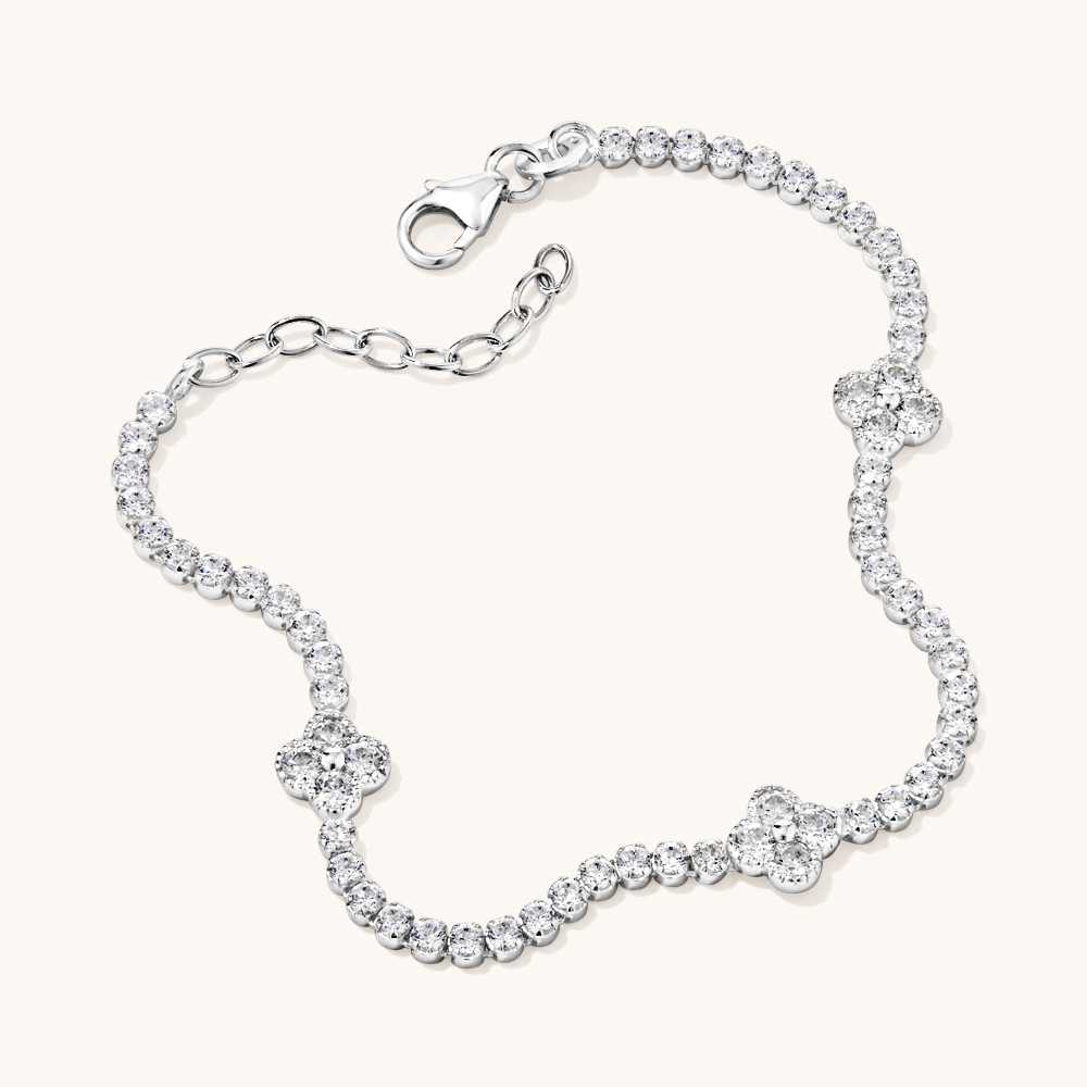 19cm Cubic Zirconia Clover Station Tennis Bracelet in Sterling Silver Bracelets Bevilles 